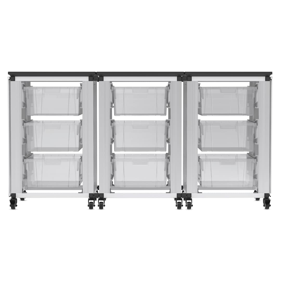Open in modal - Modular Storage Cabinet, front view of the 3 side-by-side module with 9 large bins.