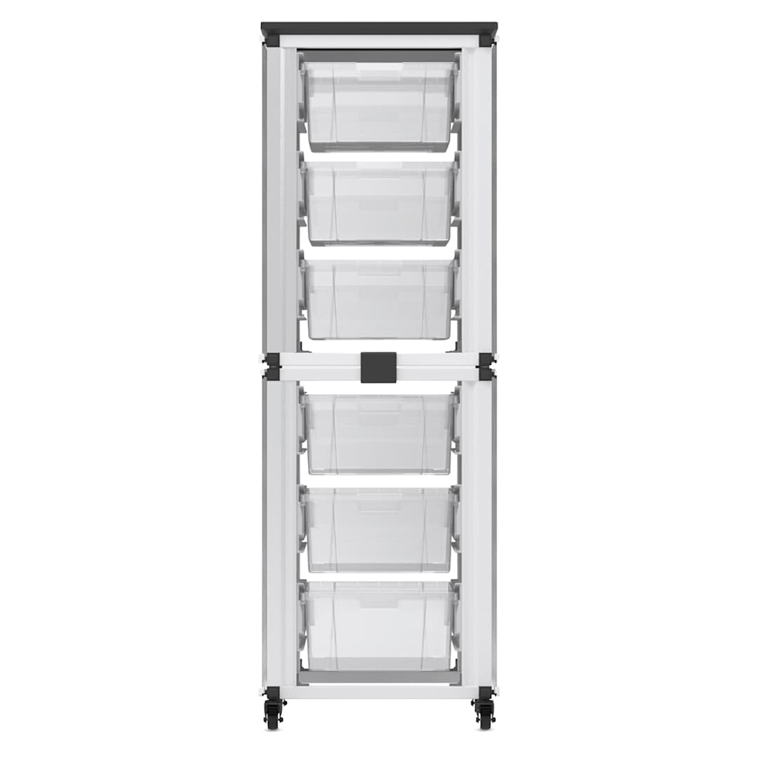 Open in modal - Modular Storage Cabinet, front view of the 2 stacked module with 6 large bins.