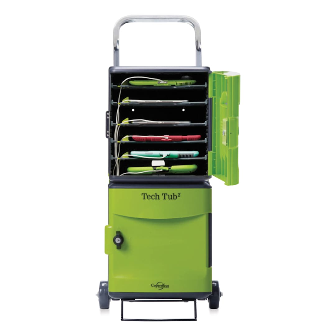 Open in modal - Copernicus Tech Tub2 Charging Storage Box - 10 Device Holder with Trolley, front (opened box)