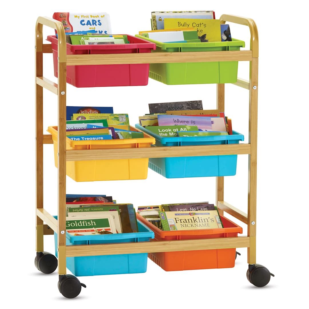 Open in modal - Copernicus Bamboo Book Browser Cart - Vibrant, 6 Bins, front