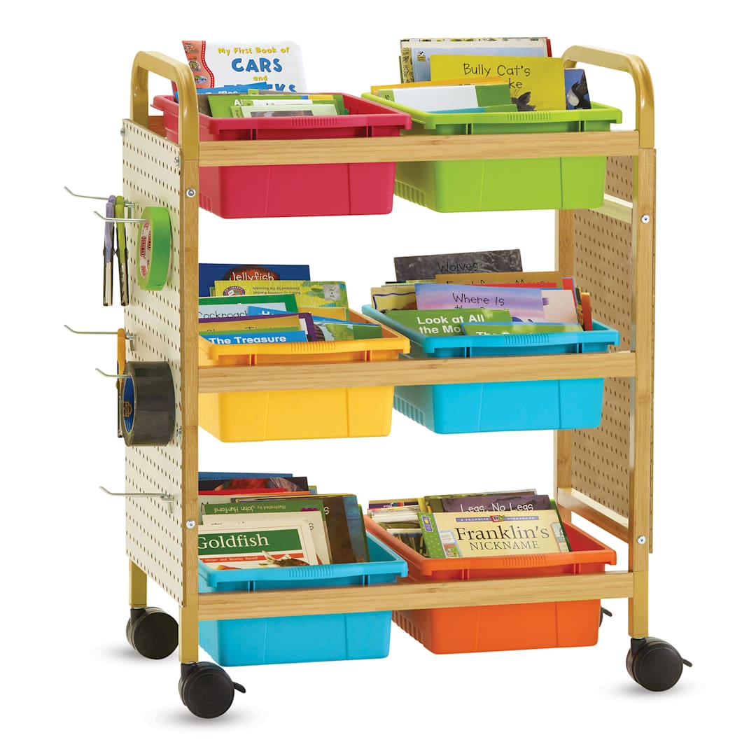 Open in modal - Copernicus Bamboo Book Browser Cart - Vibrant, 6 Bins with 2 Pegboards