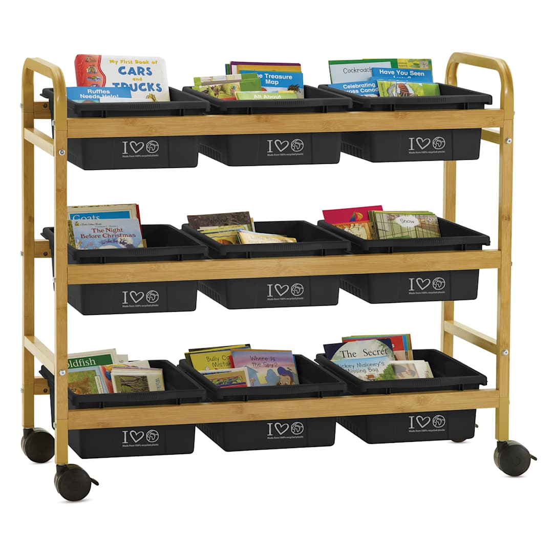 Open in modal - Copernicus Bamboo Book Browser Cart - Black, 9 Bins, front
