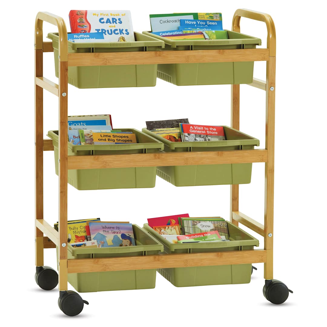 Open in modal - Copernicus Bamboo Book Browser Cart - Sage Green, 6 Bins, front