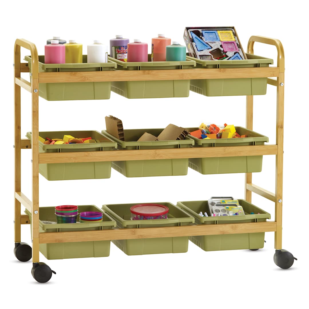 Open in modal - Copernicus Bamboo Book Browser Cart - Sage Green, 9 Bins, front