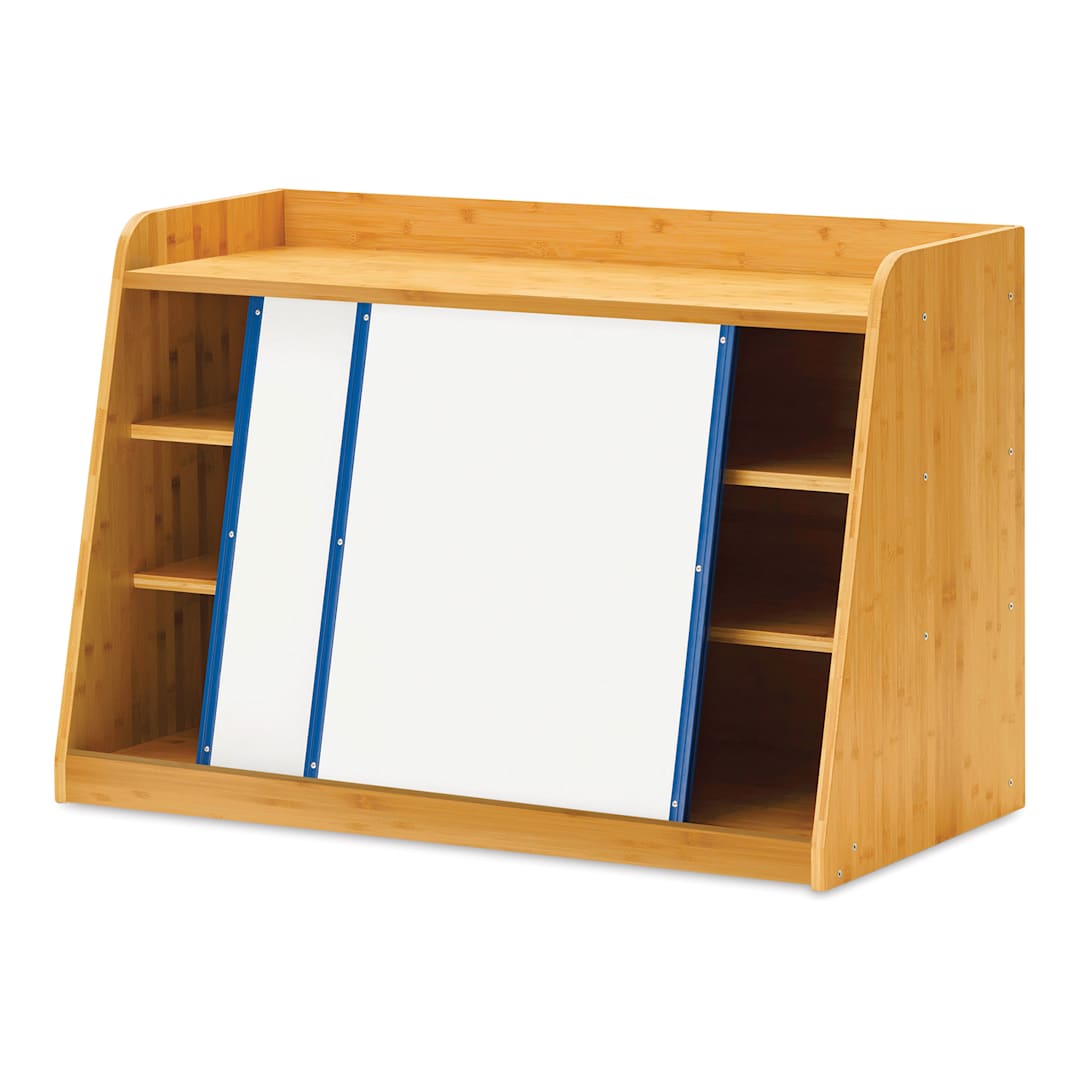 Open in modal - Copernicus Bamboo Write and Store Shelf - Two sliding Whiteboards showing shelves inside
