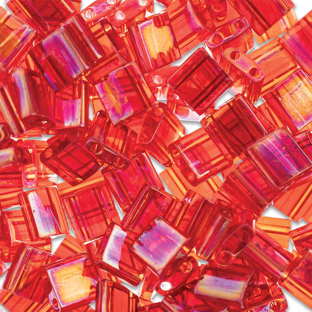 Open in modal - John Bead Miyuki Tila Beads - Red, Transparent AB, 5 mm x 5 mm (Close-up of beads)