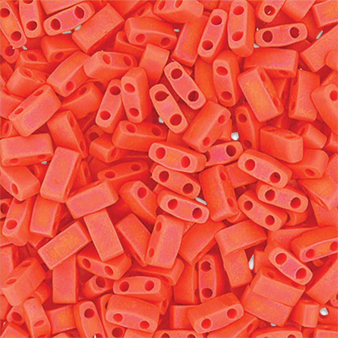 Open in modal - John Bead Miyuki Half Cut Tila Beads - Coral, Opaque Matte, AB, 5 mm x 2.3 mm (Close-up of beads)