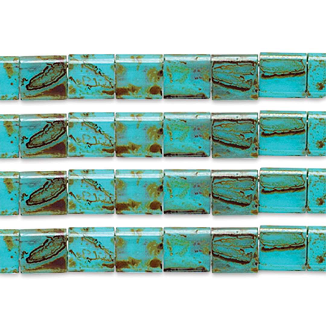 Open in modal - John Bead Miyuki Tila Beads - Turquoise with Brown, Opaque Picasso, 5 mm x 5 mm (Close-up of beads)
