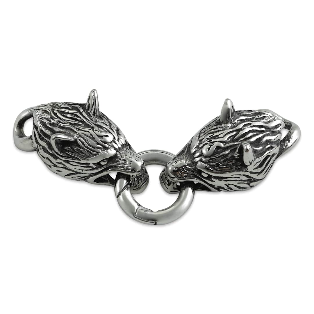 Open in modal - John Bead Stainless Steel Antique Silver Clasp - Wolf Head, 34 x 18 mm, facing forward