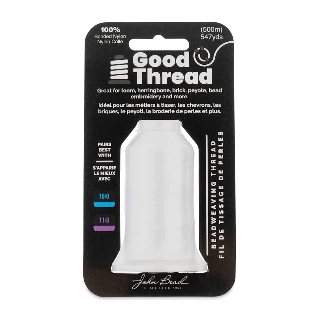 Open in modal - John Bead Good Nylon Beading Thread - 547 yd Spool, White (Front of packaging)