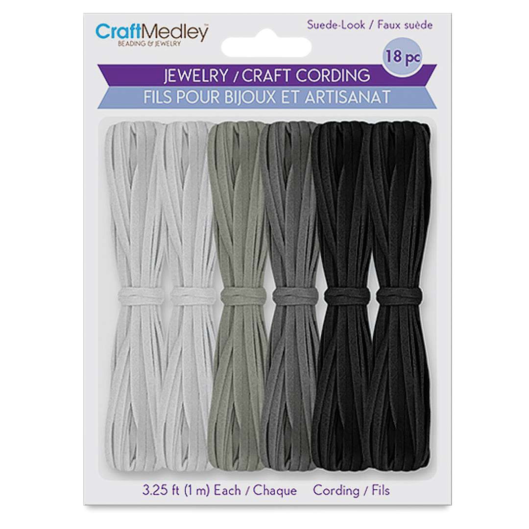 Open in modal - Craft Medley Faux Suede Jewelry Craft Cord Set - Gray Scale, Pkg of 18 (front of packaging)