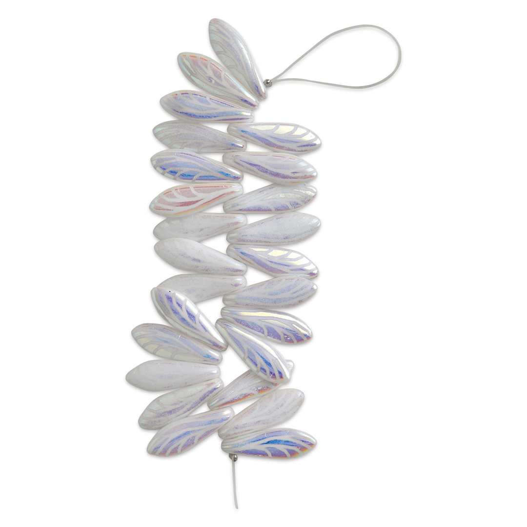 Open in modal - John Bead Czech Glass Laser Etched Dagger Bead Strand - White/White AB, Wing Pattern