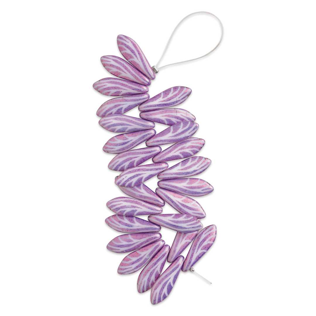 Open in modal - John Bead Czech Glass Laser Etched Dagger Bead Strand - Lilac/White, Wing Pattern
