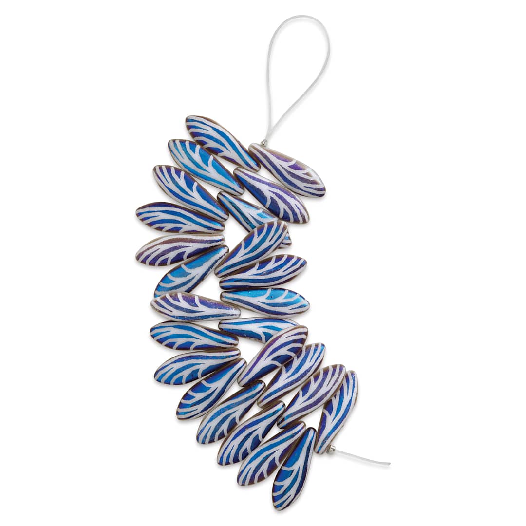 Open in modal - John Bead Czech Glass Laser Etched Dagger Bead Strand - Jet AB/White, Wing Pattern