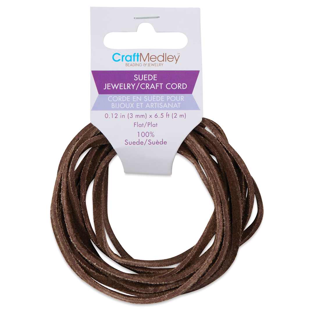 Open in modal - Craft Medley Suede Jewelry Craft Cord - Dark Brown, 0.12" x 6.5 ft front of packaging