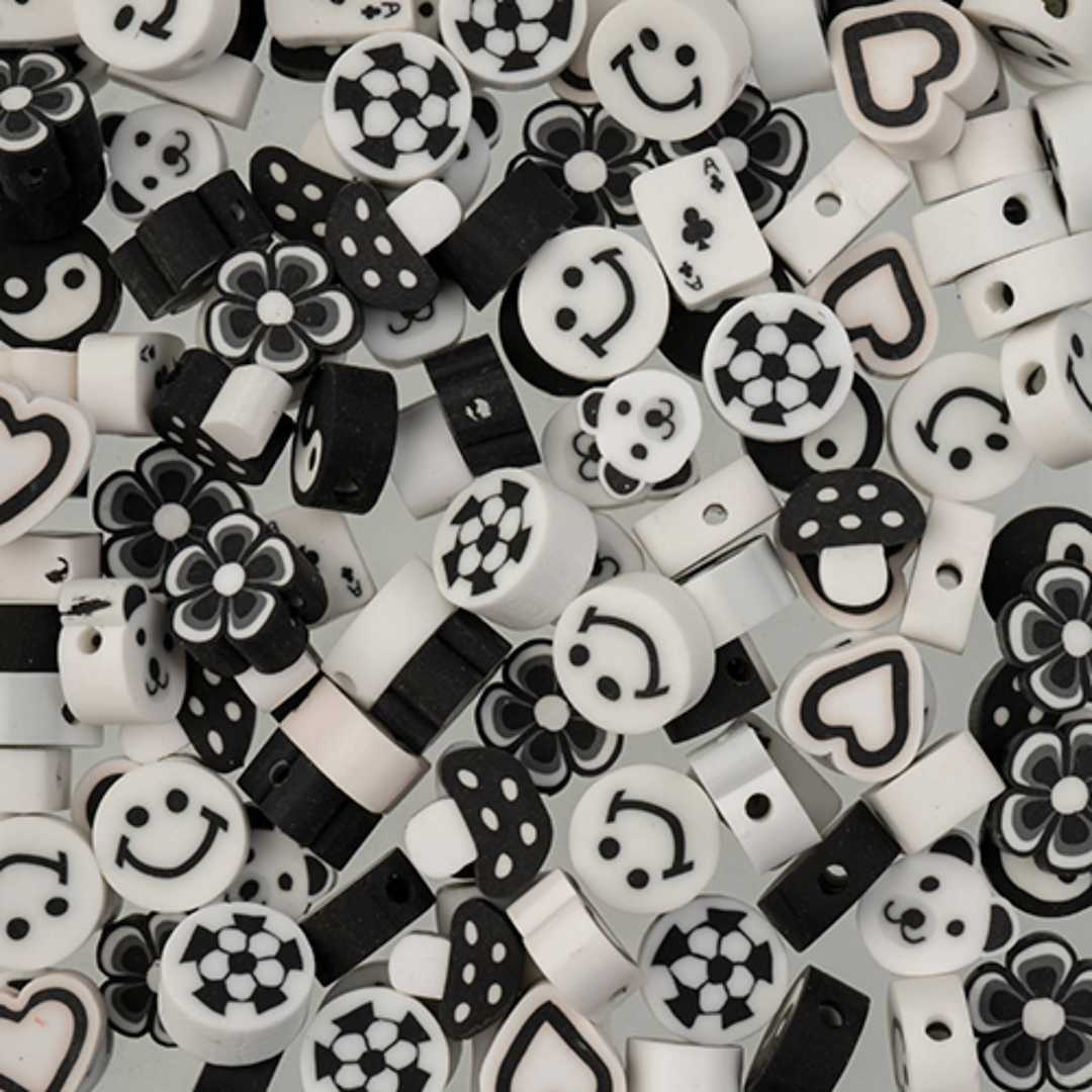 Open in modal - John Bead Craft Beads Clay Shapes - Black and White Mix - close-up