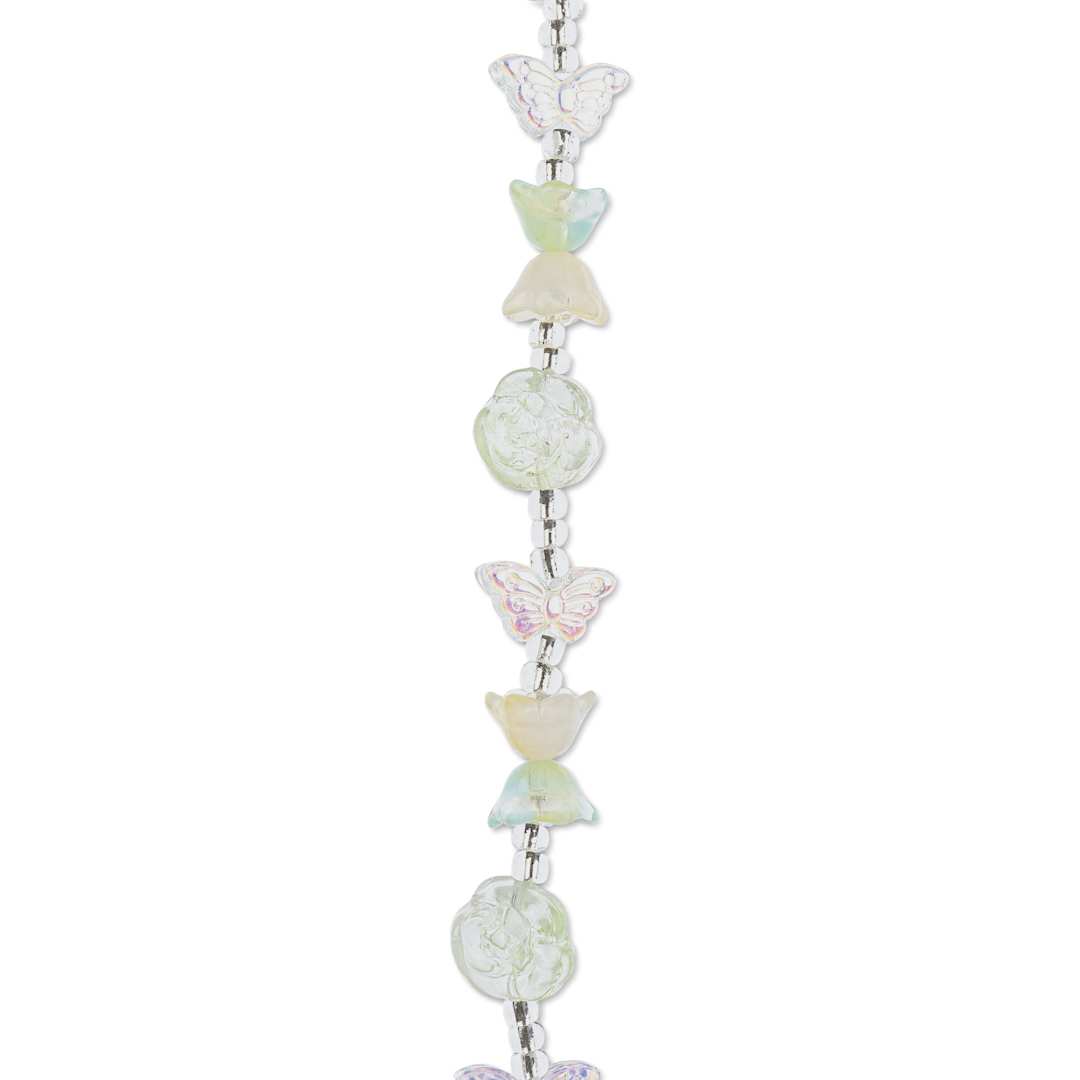 Open in modal - John Bead Crystal Lane DIY Glass Garden Bead Single Strand - Butterflies, Roses, and Tulips, Green Pastels - close-up