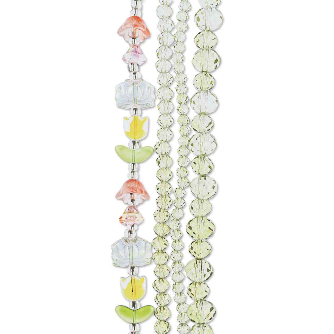 Open in modal - John Bead Crystal Lane DIY Glass Garden Bead Quadruple Strand - Tulips, Flowers, and Faceted Rondelles, Pale Green Mix