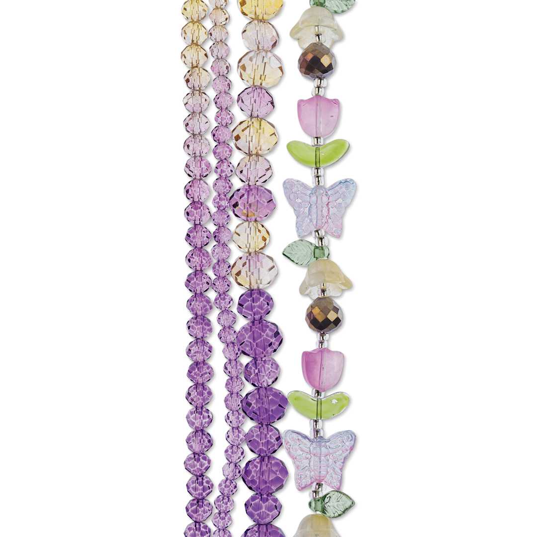 Open in modal - John Bead Crystal Lane DIY Glass Garden Bead Quadruple Strand - Butterflies, Flowers, and Faceted Rondelles, Yellow to Purple Ombre