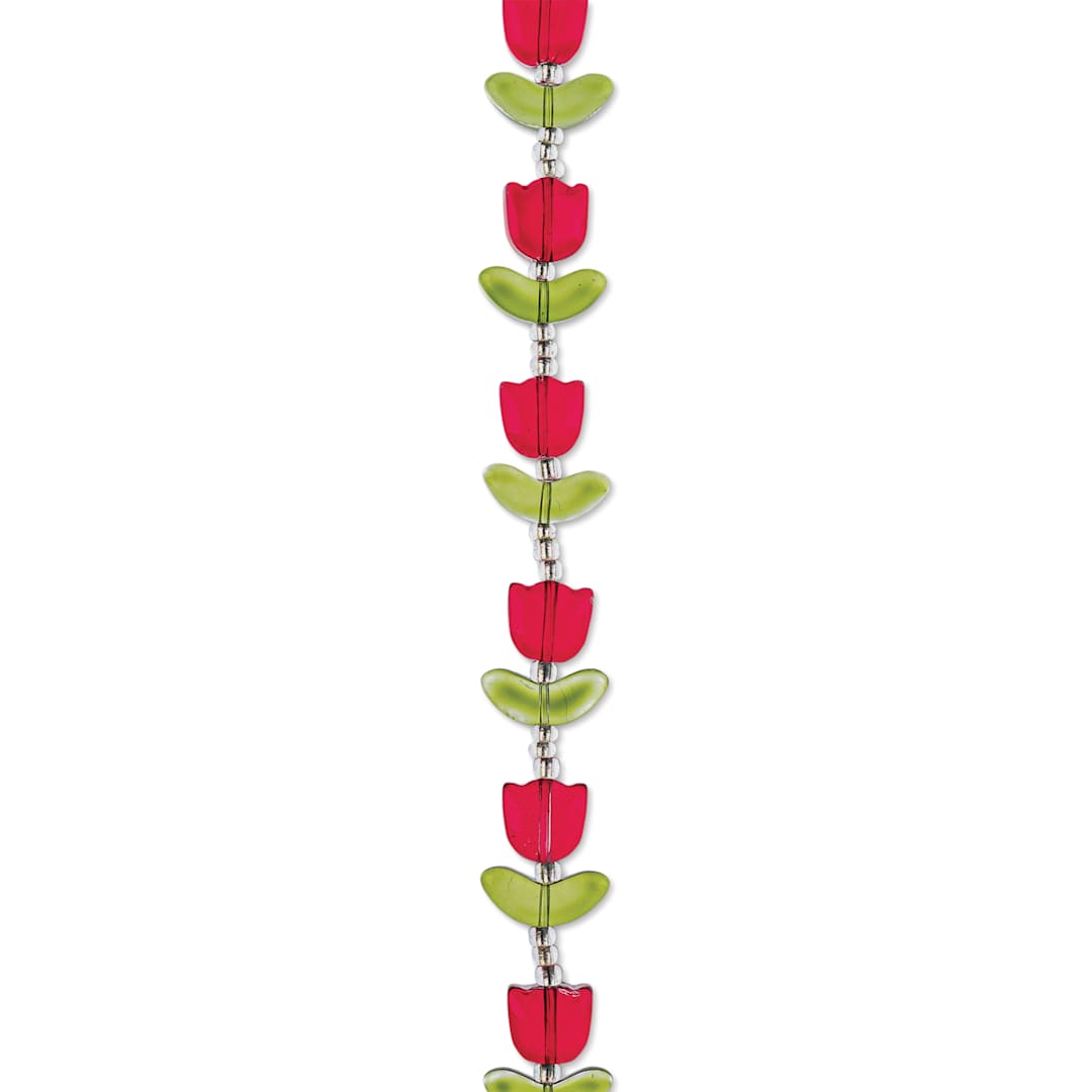 Open in modal - John Bead Crystal Lane DIY Glass Garden Bead Single Strand - Tulips with Leaves, Red