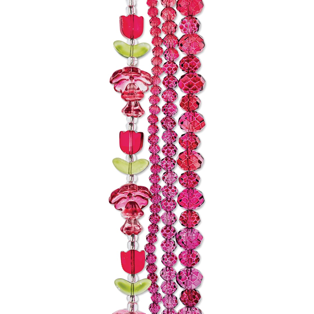 Open in modal - John Bead Crystal Lane DIY Glass Garden Bead Quadruple Strand - Tulips, Flowers, and Faceted Rondelles, Red