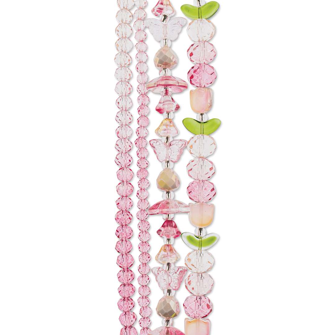 Open in modal - John Bead Crystal Lane DIY Glass Garden Bead Quadruple Strand - Butterflies, Tulips, and Faceted Rondelles, Pink Mix