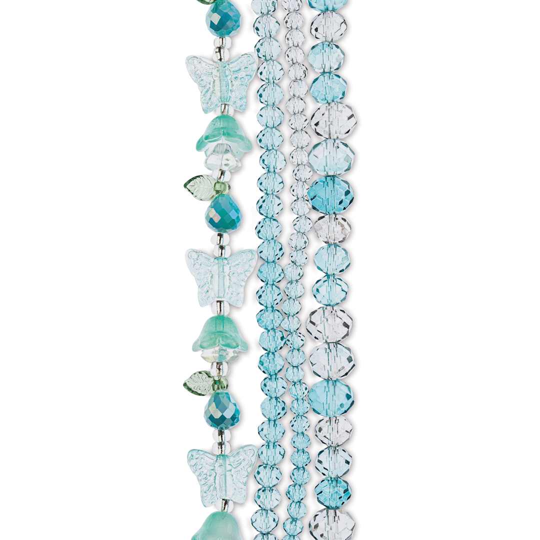 Open in modal - John Bead Crystal Lane DIY Glass Garden Bead Quadruple Strand - Butterflies, Flowers and Faceted Rondelles, Aqua Mix