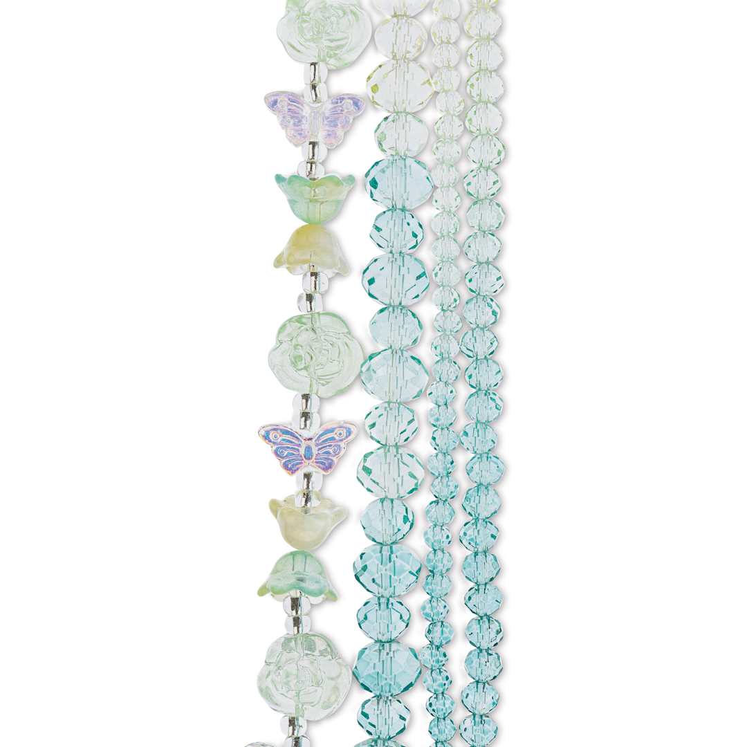 Open in modal - John Bead Crystal Lane DIY Glass Garden Bead Quadruple Strand - Butterflies, Flowers, and Faceted Rondelles, Teal Ombre