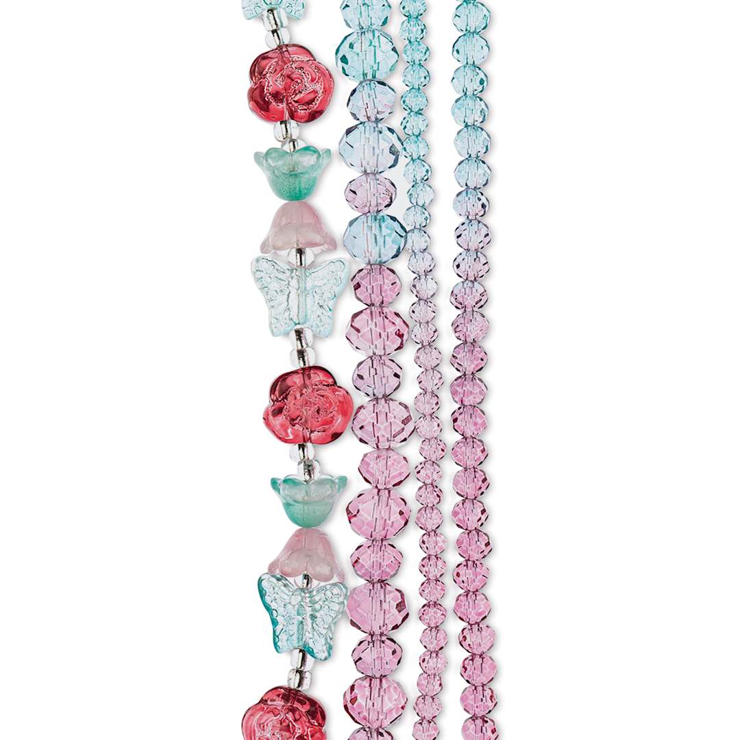 Open in modal - John Bead Crystal Lane DIY Glass Garden Bead Quadruple Strand - Butterflies, Flowers, and Faceted Rondelles, Teal to Pink Ombre