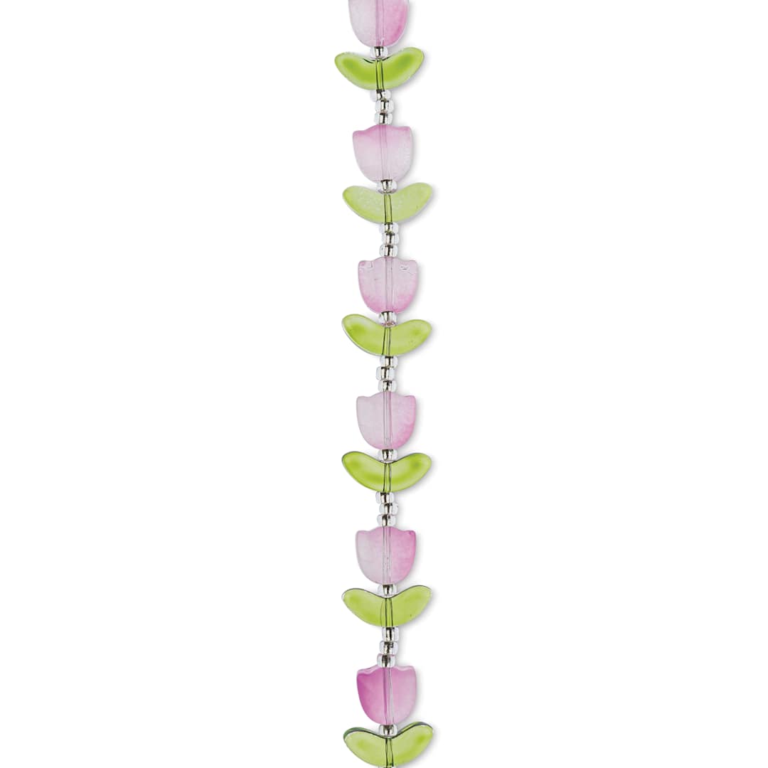 Open in modal - John Bead Crystal Lane DIY Glass Garden Bead Single Strand - Tulips with Leaves, Purple