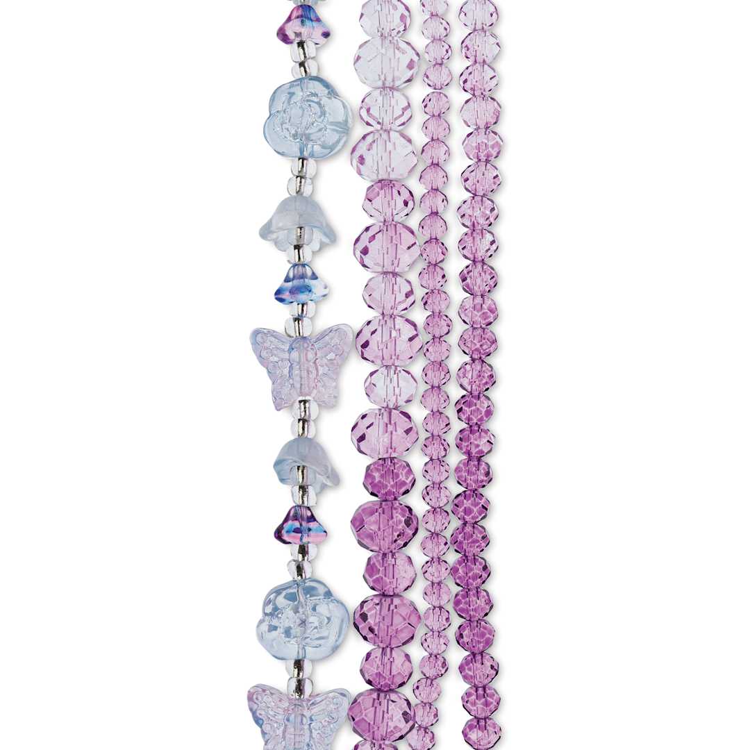Open in modal - John Bead Crystal Lane DIY Glass Garden Bead Quadruple Strand - Butterflies, Flowers, and Faceted Rondelles, Purple Ombre close-up