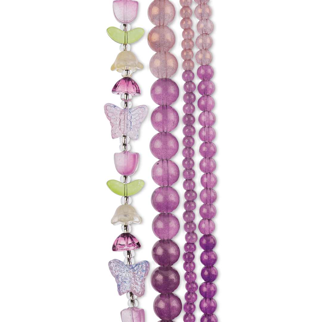 Open in modal - John Bead Crystal Lane DIY Glass Garden Bead Quadruple Strand - Butterflies, Tulips, and Round Beads, Light to Dark Heather Ombre