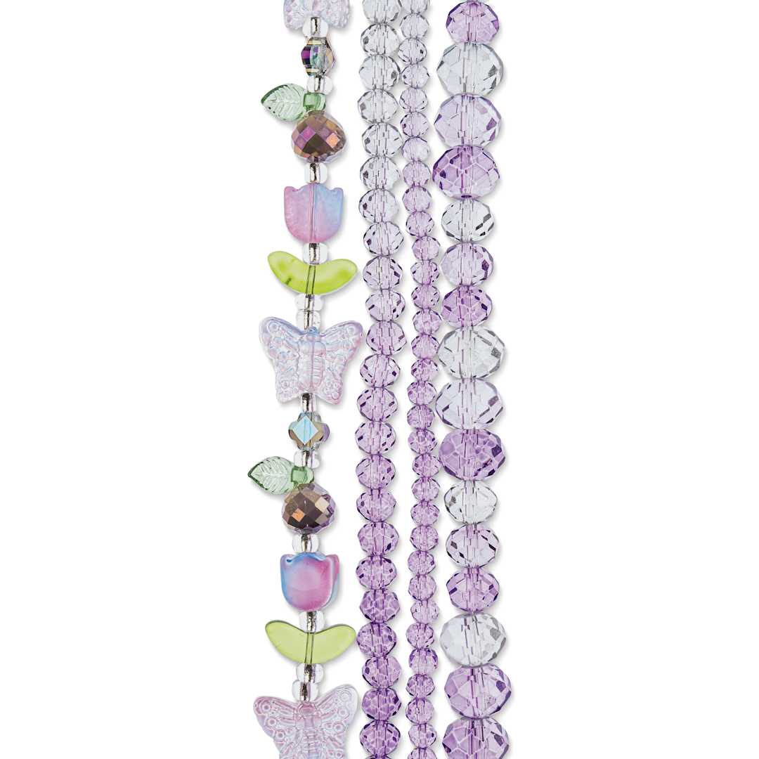 Open in modal - John Bead Crystal Lane DIY Glass Garden Bead Quadruple Strand - Butterflies, Flowers, and Faceted Rondelles, Smoky Purple