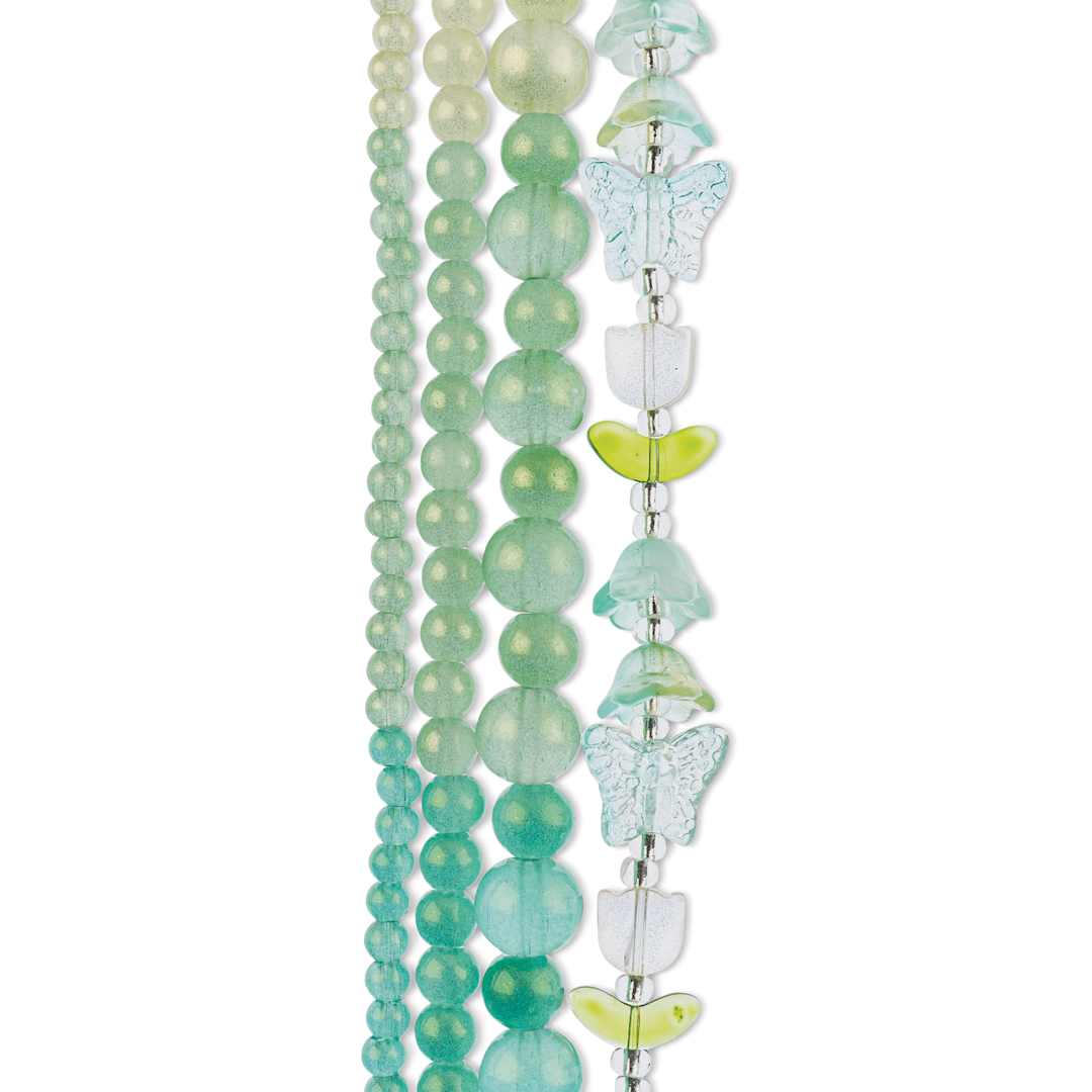 Open in modal - John Bead Crystal Lane DIY Glass Garden Bead Quadruple Strand - Butterflies, Tulips, and Round Beads, Green Stardust