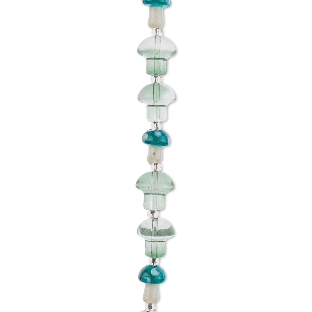 Open in modal - John Bead Crystal Lane DIY Glass Garden Bead Single Strand - Mushrooms, Blue and Green