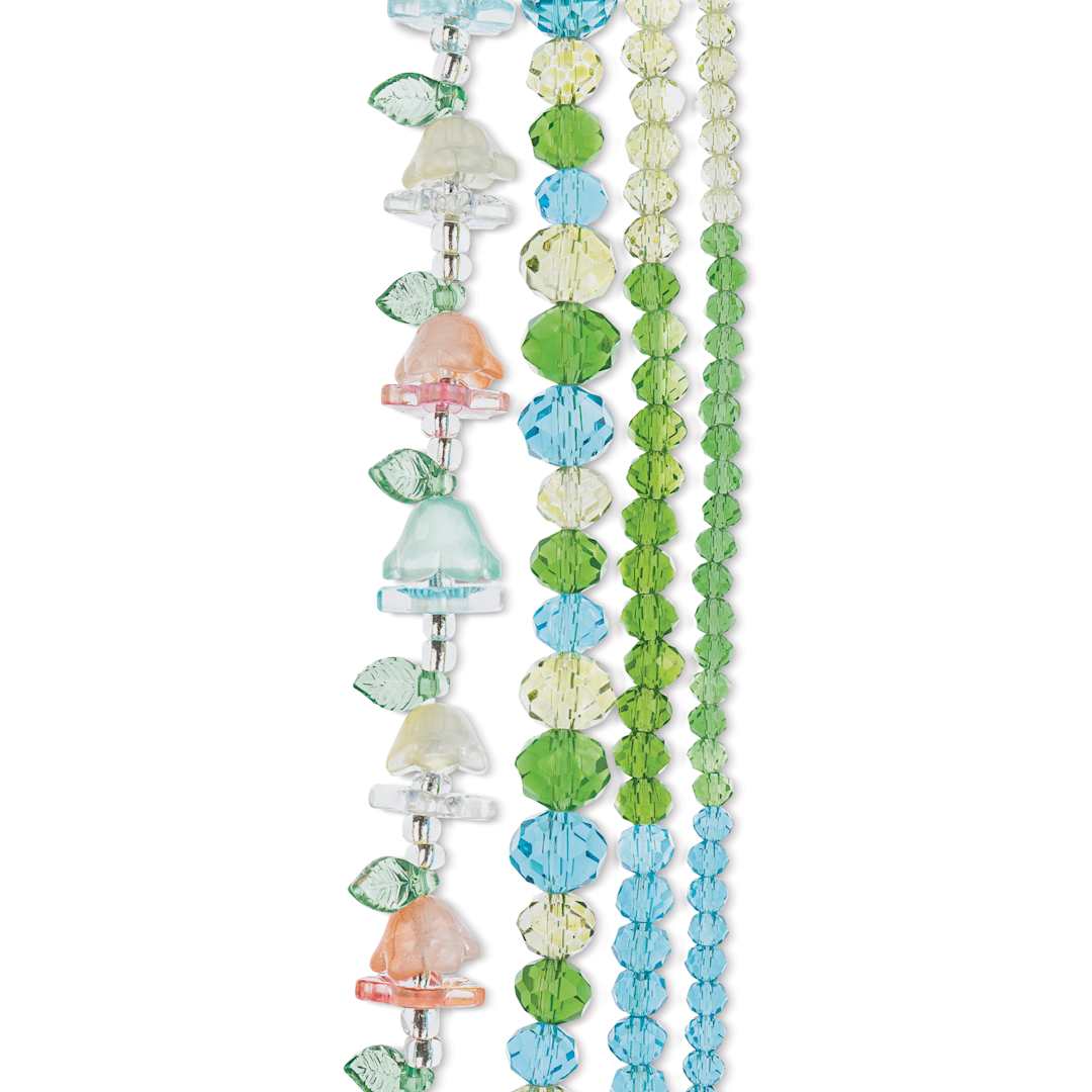 Open in modal - John Bead Crystal Lane DIY Glass Garden Bead Quadruple Strand - Flowers, Leaves, and Faceted Rondelles, Pink, Yellow, Teal, and Green Mix