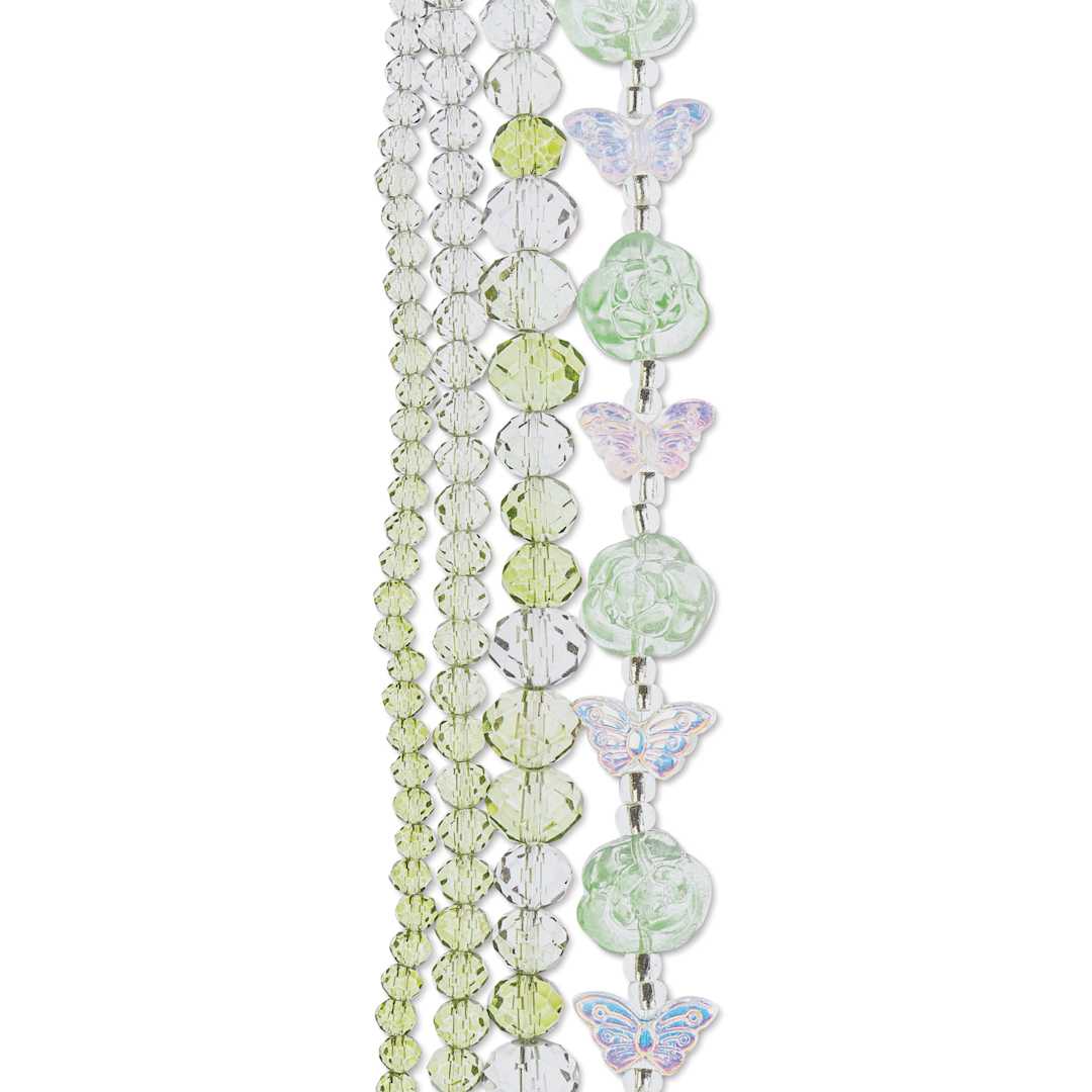 Open in modal - John Bead Crystal Lane DIY Glass Garden Bead Quadruple Strand - Butterflies, Roses, and Faceted Rondelles, Green Ombre