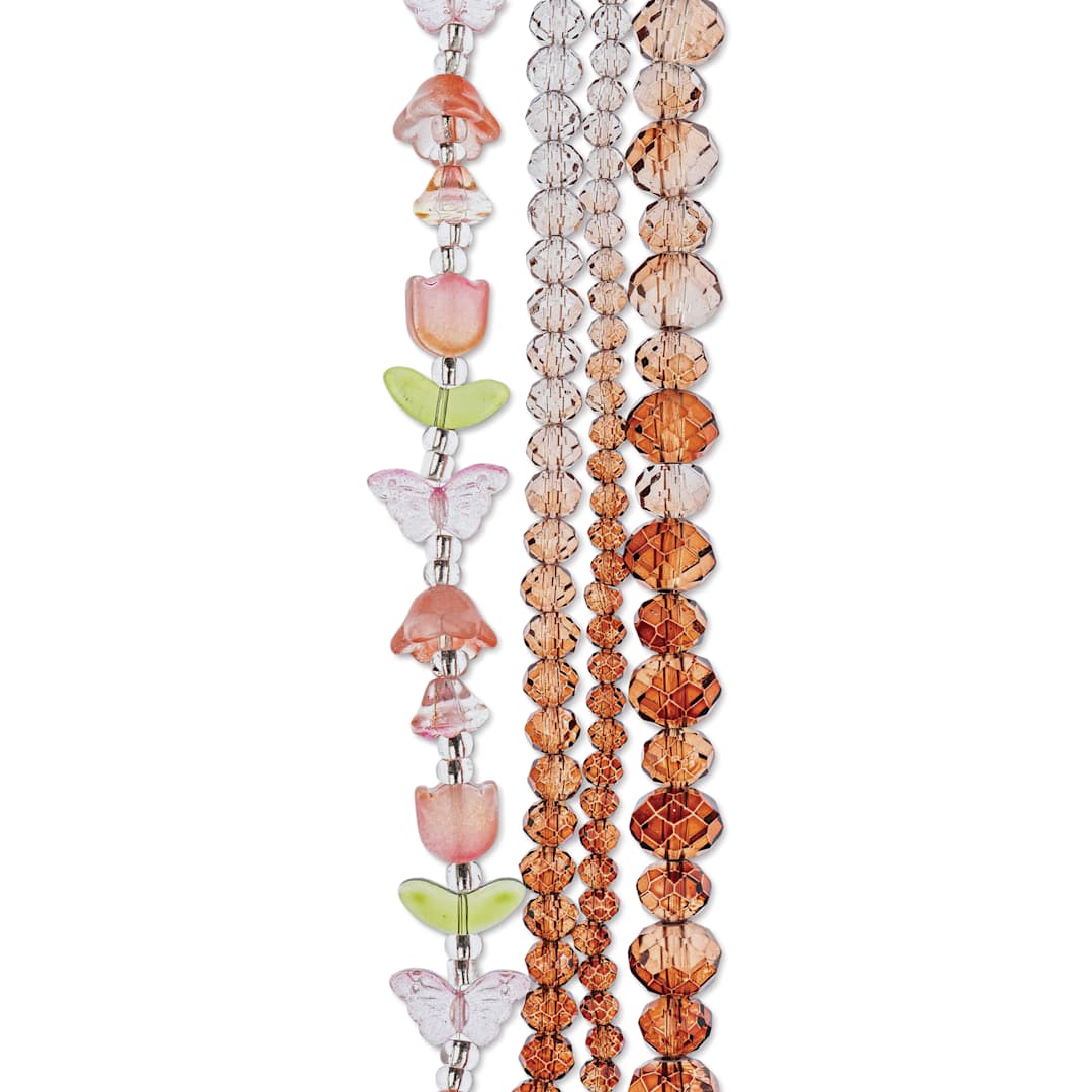 Open in modal - John Bead Crystal Lane DIY Glass Garden Bead Quadruple Strand - Butterflies, Tulips, and Faceted Rondelles, Pink and Brown