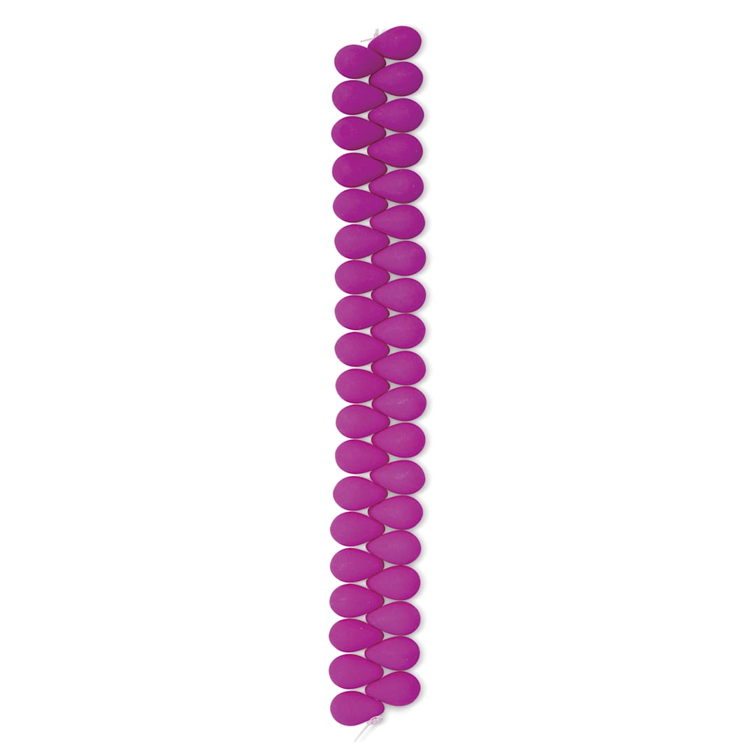 Open in modal - John Bead Czech Glass Preciosa Velvet Bead Strand - Drops, Fuchsia, 6 mm x 9 mm