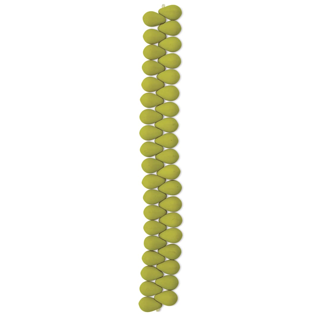 Open in modal - John Bead Czech Glass Preciosa Velvet Bead Strand - Drops, Yellow Green, 6 mm x 9 mm