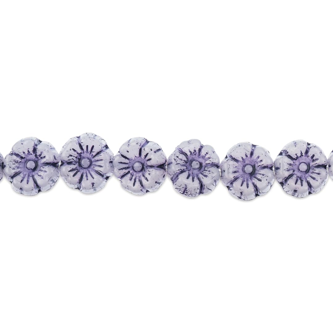 Open in modal - John Bead Glass Flower Bead Strand - Purple on Alabaster, 9 mm