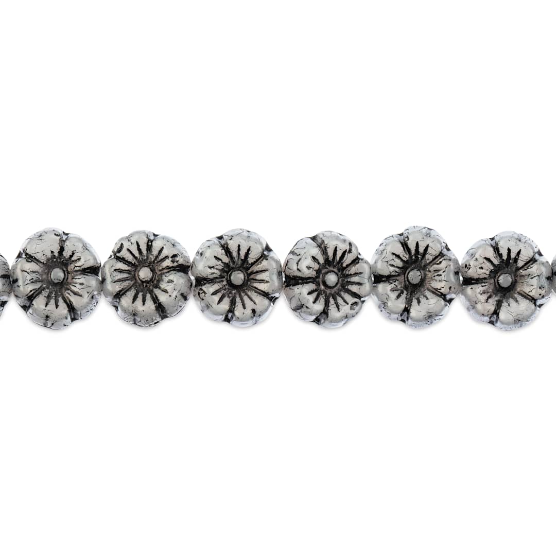 Open in modal - John Bead Czech Pressed Glass Flower Bead Strand - Black on White, 9 mm - close-up