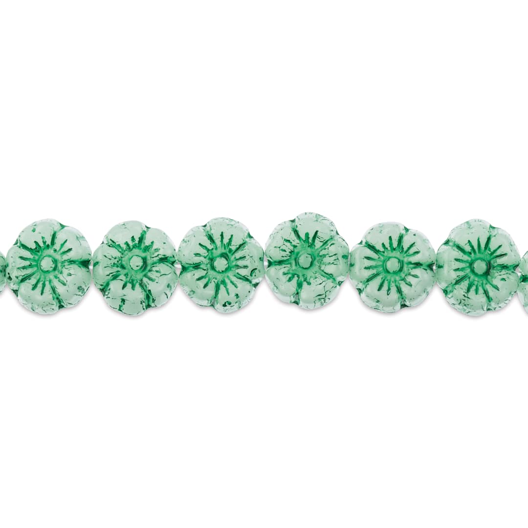 Open in modal - John Bead Czech Pressed Glass Flower Bead Strand - Green on White, 9 mm
