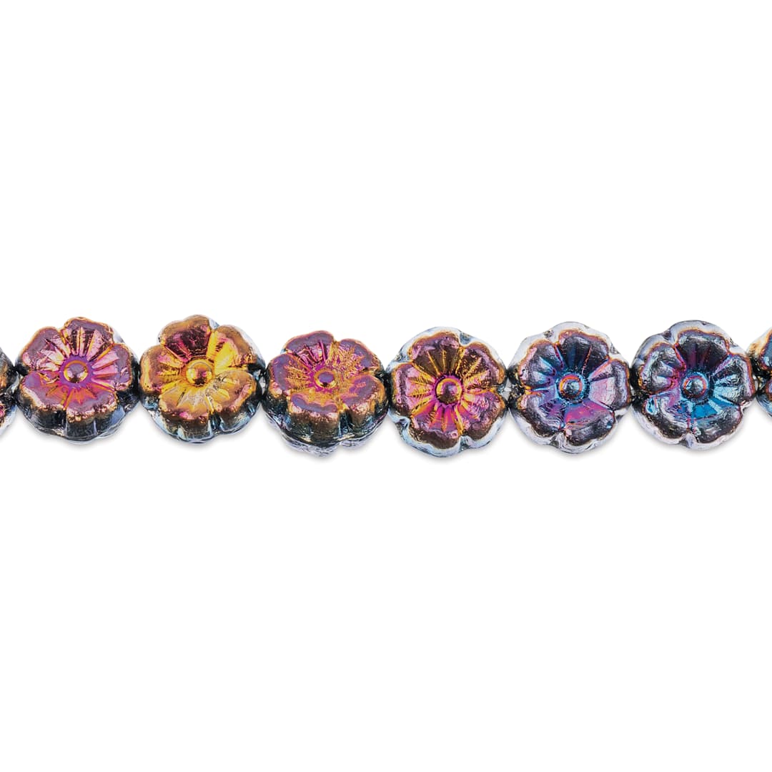 Open in modal - John Bead Czech Pressed Glass Flower Bead Strand - Sliperit on Black, 9 mm