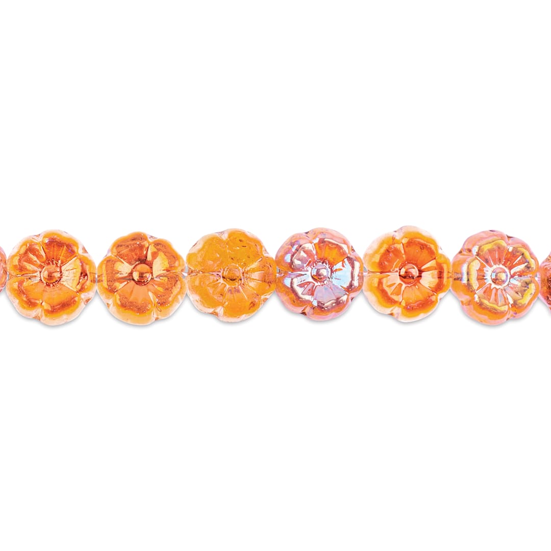 Open in modal - John Bead Czech Pressed Glass Flower Bead Strand - Orange on Crystal, 9 mm