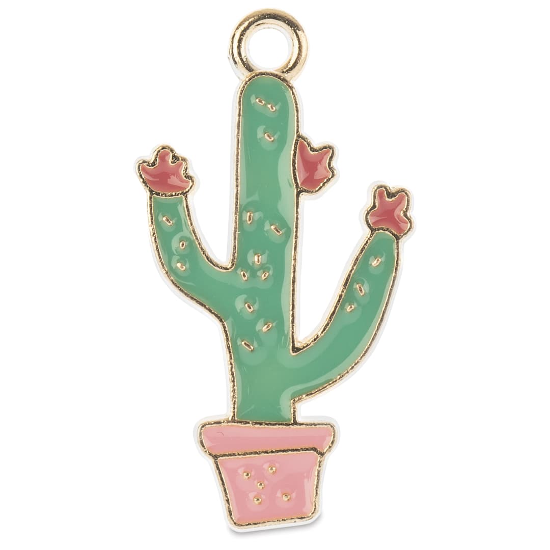 Open in modal - John Bead Sweet & Petite Charm - Potted Cactus, Green w/ Red Flowers and Pink Pot