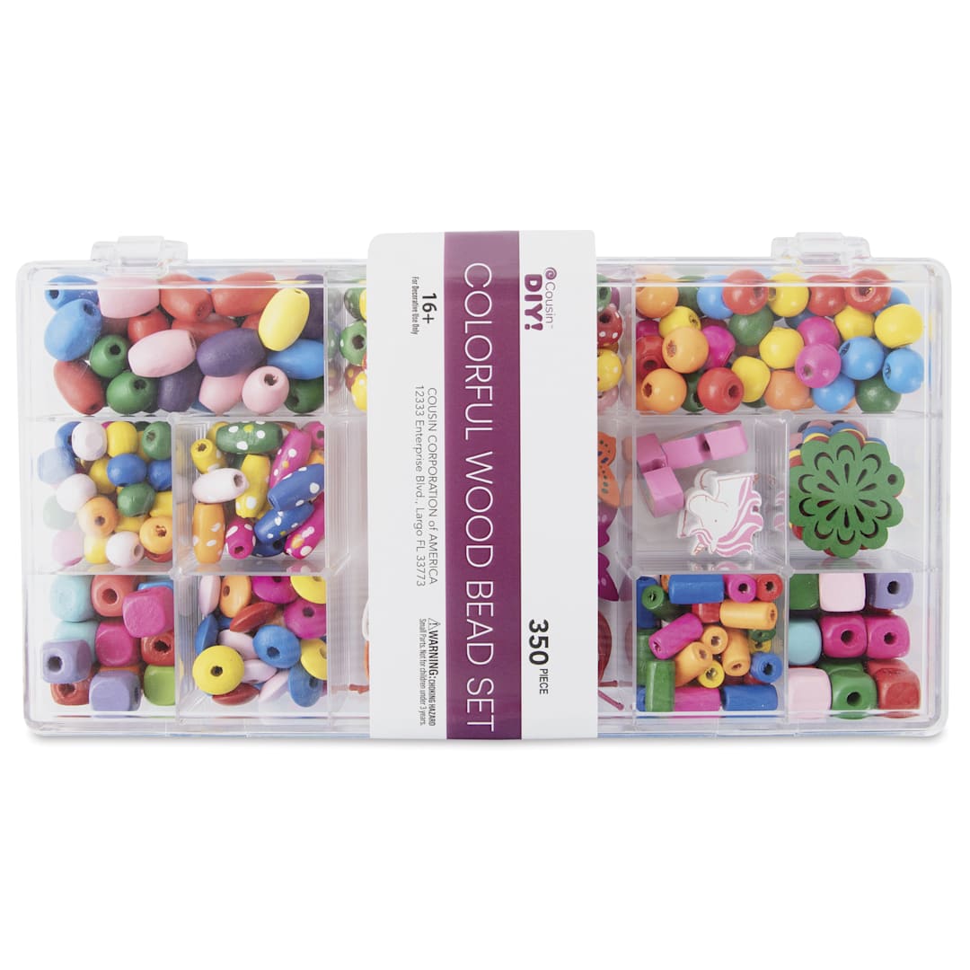 Open in modal - Cousin DIY Colorful Wood Bead Set - Pkg of 350 Beads w/ 2 Sets of Multi-Color String - front of packaging