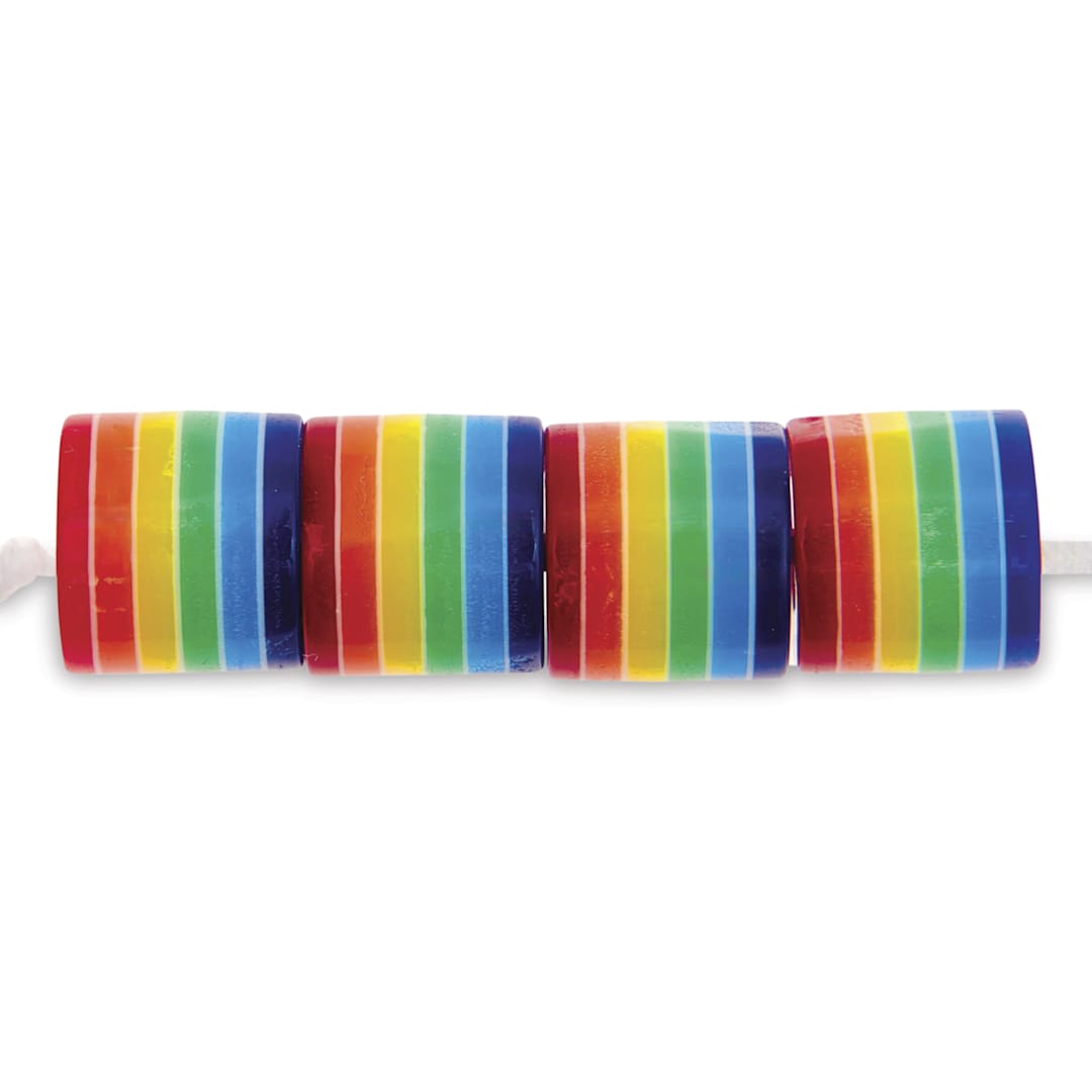 Open in modal - Rico Design Itoshii Plastic Beads - Rainbow w/ White Stripes, 10 mm W x 9 mm Dia.