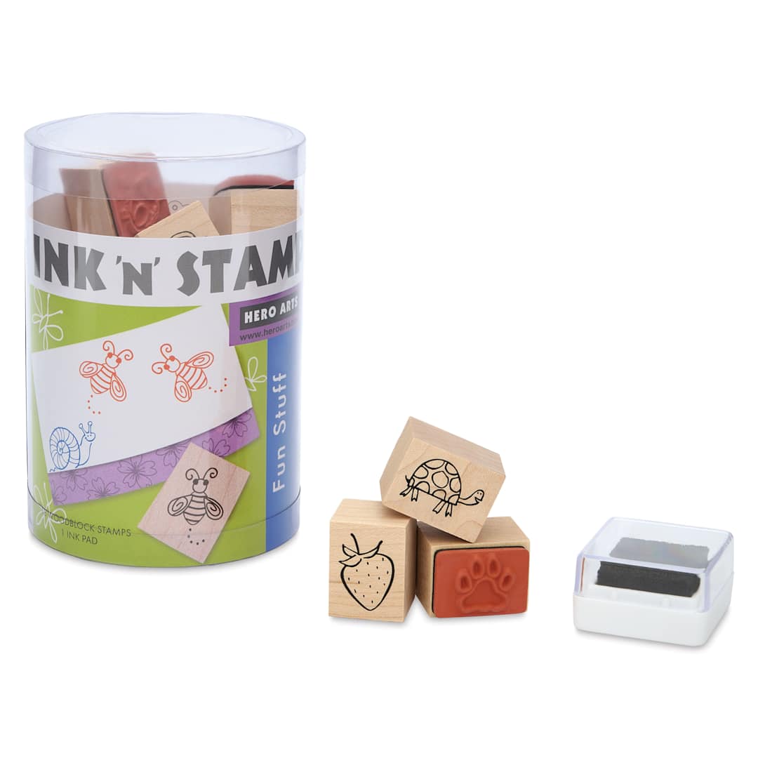 Open in modal - Hero Arts Fun Stuff Woodblock Ink 'n' Stamps - Set of 19 packaging with stamps and ink pad