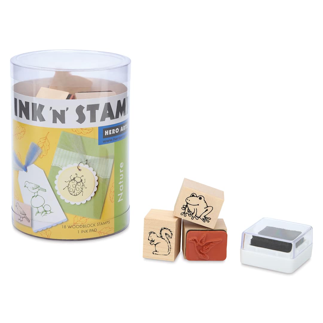Open in modal - Hero Arts Nature Woodblock Ink ‘n’ Stamps Set, pad and several stamps out of packaging